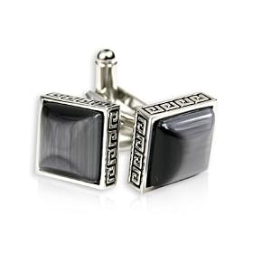 Elegant Gray Silver Cateye Square Cufflinks Framed in Silver with Presentation Box