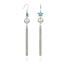 TASSEL EARRING WHITE GLASS PEARL TURQUOISE FLORAL TOP EARRING