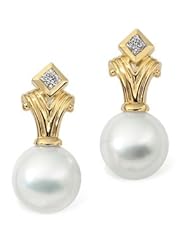 18K Yellow Gold Pair 1/3Cttw/11.00mm Round South Sea Cultured Pearl & Diamond Earring