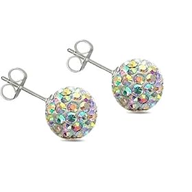 STUDS-AURORA Silver 925 crystal 8MM white ice crystal,Silver Swarovski crystal Disco ball earrings by utopia - 8MM - bling bling!! .to suite shamballa bracelet Stud Earrings.- silver studs - paris made with over 140 white ice Swarovski tresor crystals, post and clip 925 silver studs; Silver Swarovski crystal earrings by By Utopia London�