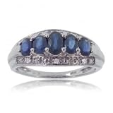 14KT White Gold Classic Ring w Blue Sapphire & Diamonds