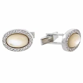 Sterling Silver Genuine Mother Of Pearl and Simulated Diamond cz Cuff Links