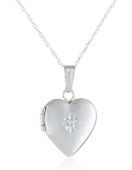 14k White Gold Childrens Heart Locket with Genuine Diamond Necklace, 15"