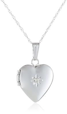 Cheap Girls Jewelry 14k White Gold Childrens Heart Locket with Genuine Diamond Necklace, 15" For Sale