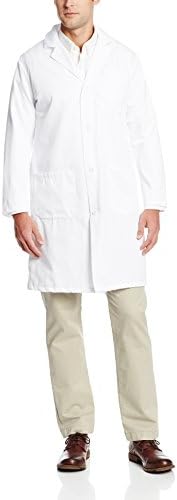 Worklon 48138 65% Polyester/35% Combed Cotton Fine Line Twill Men's Knee Length Lab Coat, Button Front, 41" Length, White, Size 38