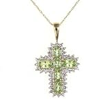 1.68cttw Genuine Green Peridot Cross with Diamond Accents and 10K Yellow Gold Pendant with Chain Necklace Gift Boxed