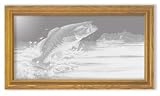 Bass Fishing Art Etching in Framed Wall Mirror, Solid Oak Frame, Hand-Rubbed Finish, 15 x 27 inches