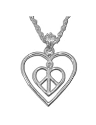Solid 925 St Sterling Silver Cut Out Inner Peace And Love Double Heart Hippie Pendant Necklace Jewelry  1 x1 Inches