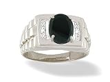 14K White Gold Genuine Oval Black Onyx and Diamond Men's Ring