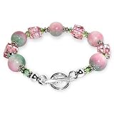 Sterling Silver Pink & Green Jade Swarovski Crystal 7.5" Charm Bracelet With Toggle Clasp