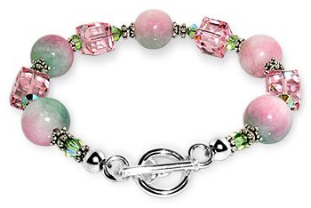 Attractive .925 Sterling Silver Pink & Green Jade Swarovski Crystal Charm Bracelet 7.5 With Toggle Clasp