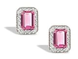 14K White Gold Emerald-cut Created Pink Sapphire and Diamond Earrings