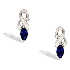 14K White Gold Genuine Marquise Sapphire and Diamond Earrings by Jewels For Me
