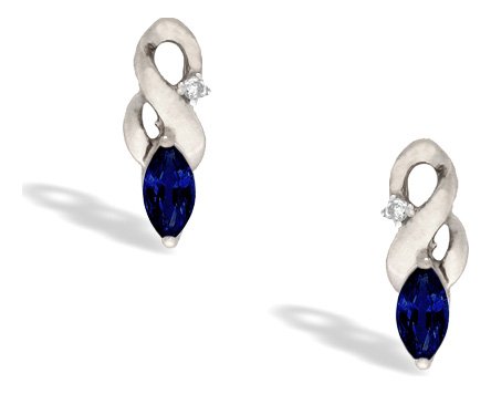 14K White Gold Genuine Marquise Sapphire and Diamond Earrings