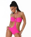 Bademode:Edler Push Up Monokini Badeanzug mit ZierBrosche in pink, Gr. 38