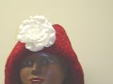 Ht121, Hand Crocheted Burgandy Chenille Black Gimp Tweed Beret Trimmed with White Satin Flower for Women and Teens