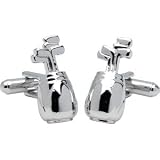Silver plated golf bag cufflinks in a chrome gift box