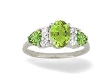 14K White Gold Genuine Oval Peridot and Diamond 3-Stone Ring