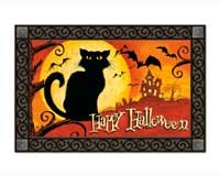Happy Halloween Spooky Black Cat Indoor Outdoor Rug Mat