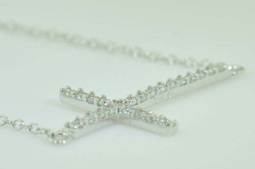 .925 Sterling Silver and Cubic Zirconia CZ Side Way Cross Necklace