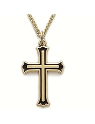 24K Gold Over .925 Sterling Silver Cross Pendant Necklace in a Enameled Black Border and Budded Ends Design Cross Pendant Necklaces Gold Gift Boxed.w/Chain Necklace 18" Length Gift Boxed.