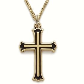 7/8" 24K Gold/Sterling Silver Cross Necklace with Black Enamel & Budded Ends on 18" Chain