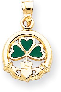 Green Enameled Claddagh With Shamrock Charm, 14K Yellow Gold