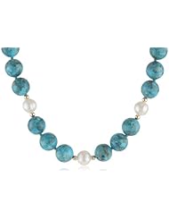 10-10.5mm Stabilized Turquoise 8-8.5mm Freshwater Cultured White Pearl 14K Yellow Gold Beads Clasp Necklace (204.80 cttw), 18"