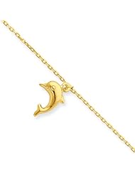 14k Yellow Gold Dolphin Charm Anklet, 9-10 Inch