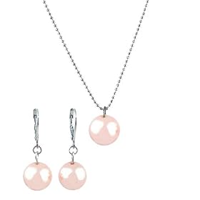 Necklace - Earrings Set - N503 - Glass Pearl Drop (10 mm) hung on 1 mm Ball Chain ~ Rose Pink