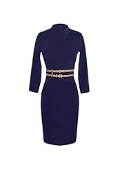 V-neck Mandarin Collar Slit Belted Long Sleeves Faux-Leather/Linen/Polyester  Dress