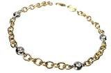 14K Yellow Gold Rollo Link Anklet Bracelet 10'', with White Gold Bezel Set Diamonds