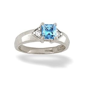 14K White Gold Genuine Square Blue Topaz and Diamond Ring by Jewels For Me