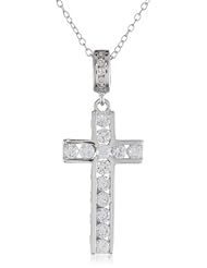 Platinum Plated Sterling Silver Simulated Diamond Cross Pendant Necklace, 18" (1.10 cttw)
