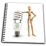 Carsten Reisinger Illustrations - Wooden mannequin light bulb energy saver saving recycle symbol icon preserve save conserve renewable - Drawing Book - Drawing Book 8 x 8 inch