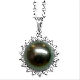 18K white gold Sunflower Black Tahitian cultured pearl and diamond pendant by American Pearl