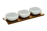 Premier Housewares 722092 White Ceramic Snack Bowl on Bamboo Tray, Porcelain, Set of 3