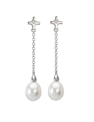 Elegance Collection 14K White Gold Drop Pearl Earrings with Diamond Studded Crosses