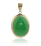 Exquisite 14 KT Yellow Gold Green Jade Oval Dome Pendant 14K Charm