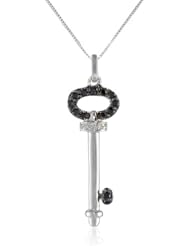 10k White Gold White/Black Diamond Key Pendant Necklace 1/10 Cttw, 18"