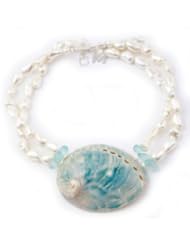 Meg Carter Designs Abalone Shell, Mother of Pearl, Blue Calcite and Freshwater Pearls "Curtain Bluff" Necklace in Blue