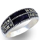 Women's Band Style Black Synthetic Stone Antiqued Tone Ring, Size: 5-9 Sterling Silver .925