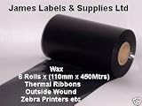 Thermal Ribbon Wax (Black) 110mm x 450mtrs x 6 rolls (Zebra)Outside Wound Also Supply Inside Wound 114mm x 360Mtrs