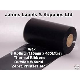 Thermal Ribbon Wax (Black) 110mm x 450mtrs x 6 rolls (Zebra)Outside Wound Also Supply Inside Wound 114mm x 360Mtrs