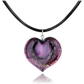 Akuamarina Silver Leaf and Murano Glass Heart Pendant Necklace Amethyst