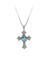 Sterling Silver and Blue Topaz Cross Necklace Pendant with Box Chain