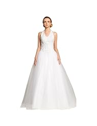 A-line V-neck Halter Sleeveless Full Length  Polyester/Tulle Applique Beaded  Ball Gown Wedding Dress  with a Chapel Train 