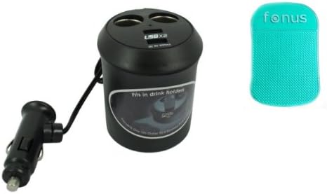 Fonus Brand Two USB DC Cup Holder Cigarette Lighter Socket Power Adapter Splitter Double Car Charger Center with Dual Charging and USB Ports for Boost Mobile Samsung Galaxy Prevail (Package Includes a GREEN Non-slip car dash sticky mat)