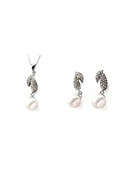 Blue Pearls - Lot: Pendant and Earrings White Gold Cz Stones and Pearls SSS - BPS 1080 O Blanc
