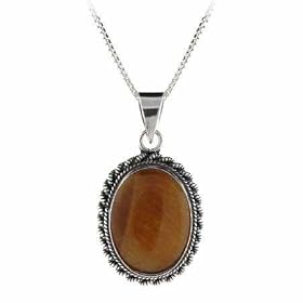 Genuine Tiger Eye Stone Twisted Sterling Silver Border Oval Pendant by 